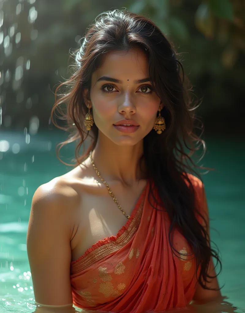 ((Indian milf, indian woman, milf)), {{Woman named Kajal}}, (((ultra realistic))), {{Waterfall}}, {{Bathing}}, inside water, Saree, NSFW,  masterpiece, top quality, (pale skin), (Ultra detailed face and eyes:1.2), depth of field, bokeh, (special attention ...