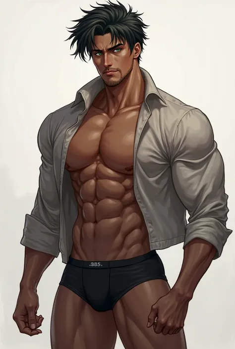 A black anime man with a defined abdomen, black boxer briefs and an open blouse, green eyes, black hair. 