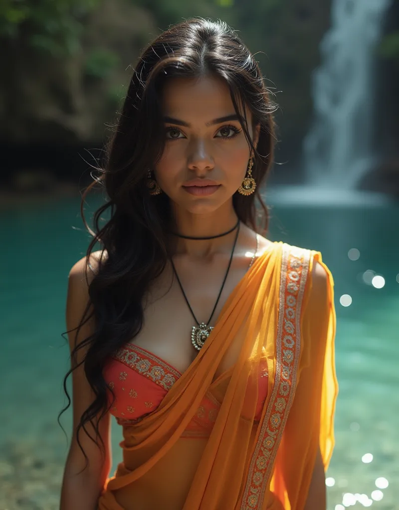 ((Indian milf, indian woman, milf)), {{Woman named Kajal}}, (((ultra realistic))), {{Waterfall}}, {{Bathing}}, inside water, Saree, NSFW,  masterpiece, top quality, (pale skin), (Ultra detailed face and eyes:1.2), depth of field, bokeh, (special attention ...