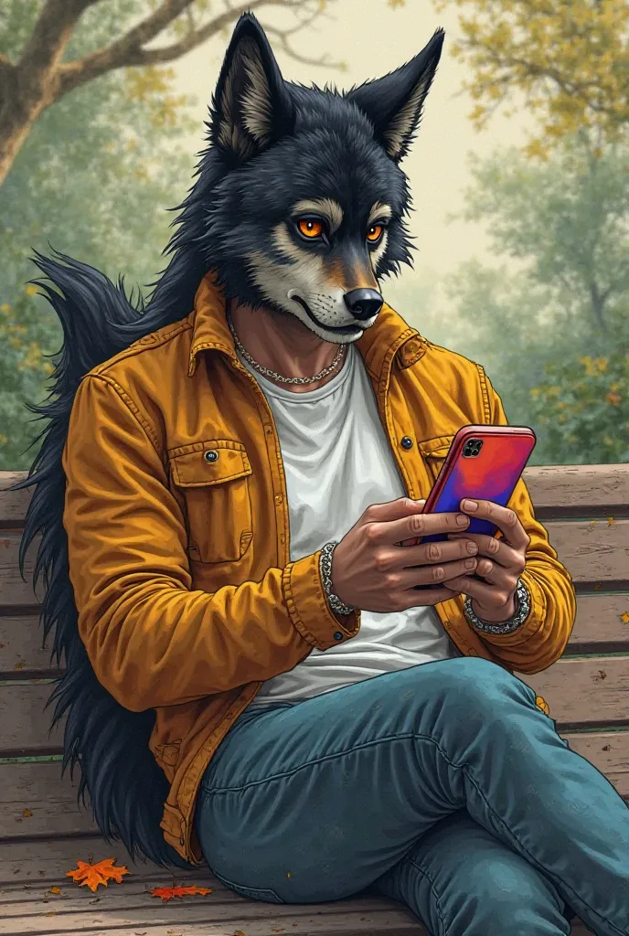 A highly detailed, colorful drawing of an adult man in his mid-30s with anthropomorphic black wolf ears and tail, sitting comfortably on a worn, wooden bench in a serene outdoor setting, perhaps a park or forest, with fallen leaves and subtle hints of foli...