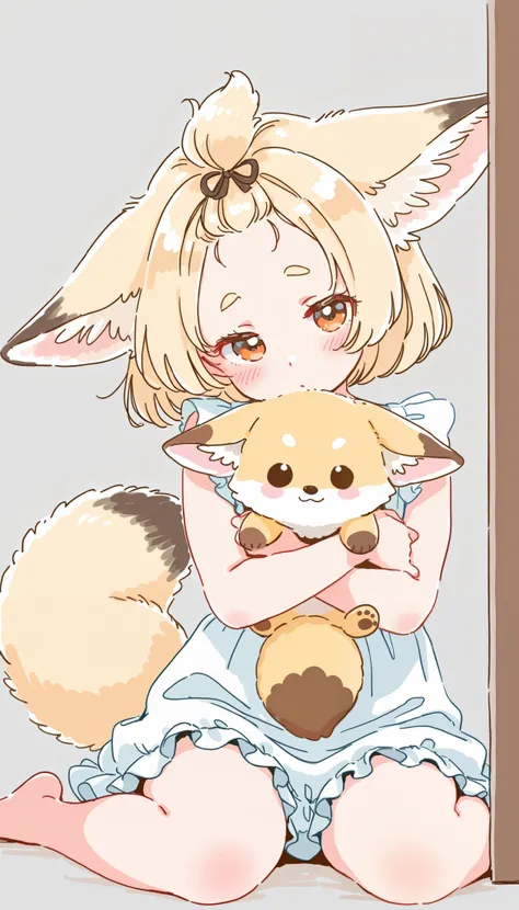 by mitsumoto jouji, by megateru, 1girl, fennec girl, beige hair, short hair, fox girl, orange eyes, big animal ears, animal ear fluff, bangs pinned back, fluffy hair, eyelashes, round eyebrows, loli, flat chest, small tail, beige fox tail, white dress, fri...