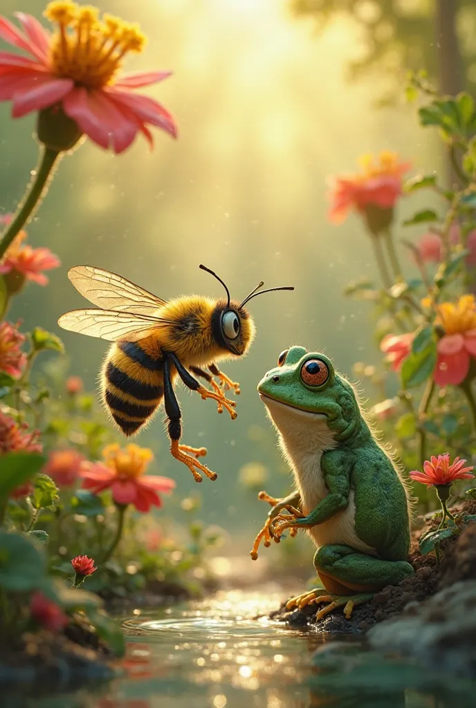 Bee and frog working together 