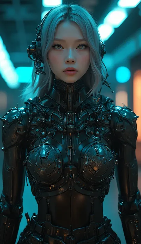 of the highest quality, masutepiece, Ultra High Resolution, ((Photorealistic: 1.4), Raw photo, 1 Cyberpunk Girl, Glossy skin, 1 Mechanical Girl, (super realistic details)), Mechanical limbs, Tubes connected to mechanical parts, Mechanical vertebrae attache...