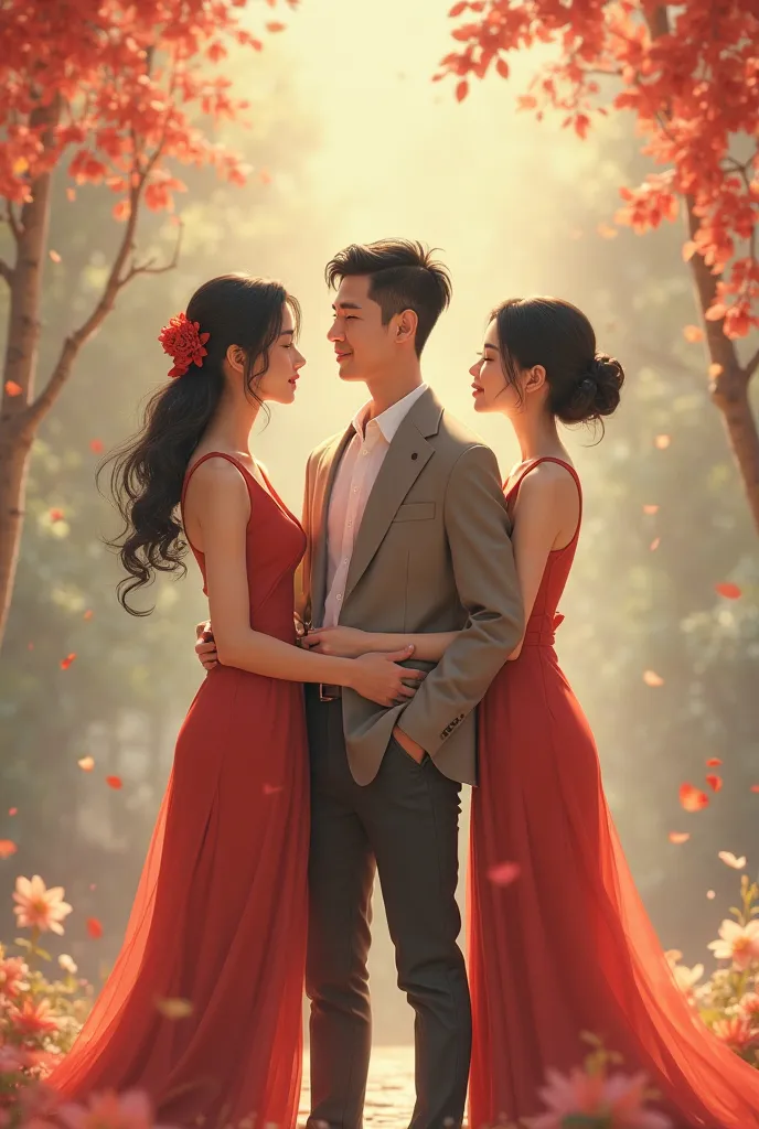 3 asians  , A man stands between two women and they are married 