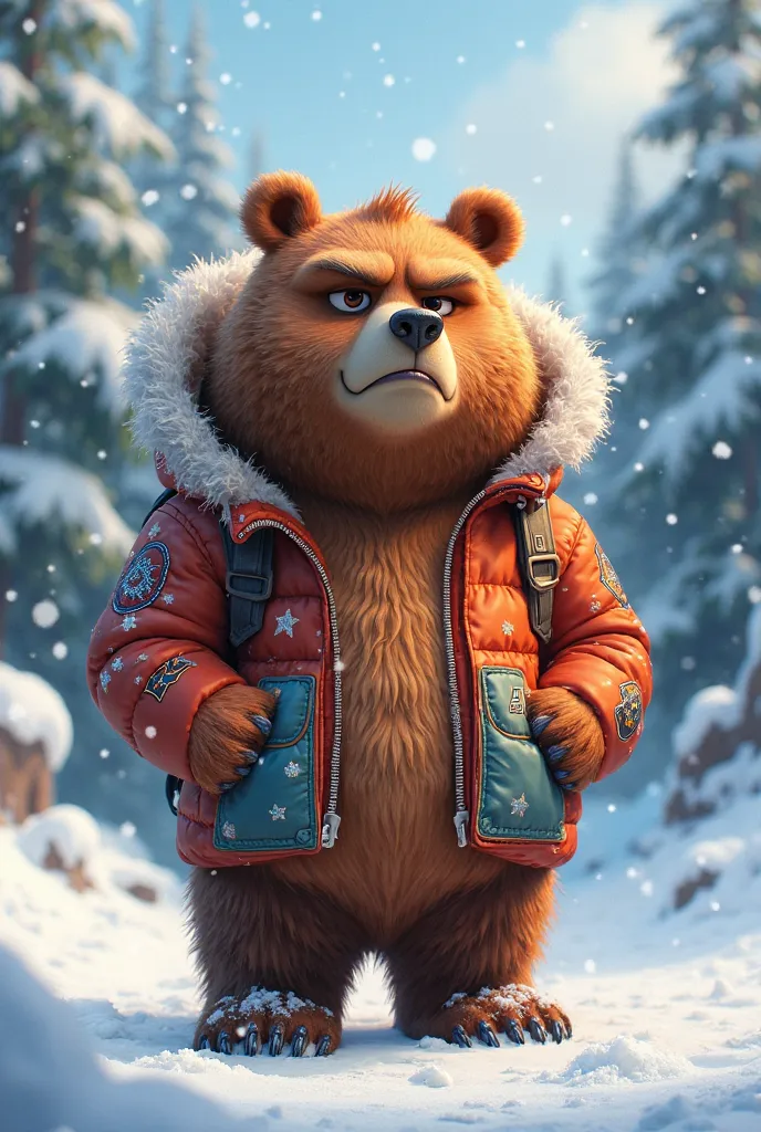 Cartoon bear in winter frowning in a pixar style jacket