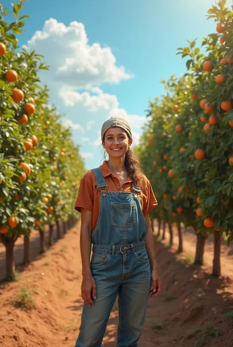 Smiling woman farmer in contemporary modest work clothes standing proudly in between rows of orange trees. Sunny day with a bright blue sky. Her expression is candid and genuine. 