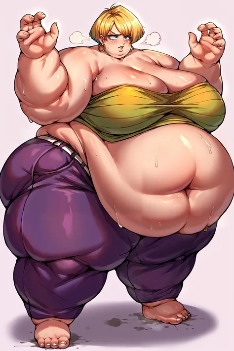 score_9, score_8_up, score_7_up, score_6_up, source_anime, 1girl, solo erasa, blonde hair, blue eyes, earrings, green shirt, striped, bare arms, strapless, cleavage, white belt, purple pants, big breasts, giant hands, giant feet, fat, chubby, obese, gigant...