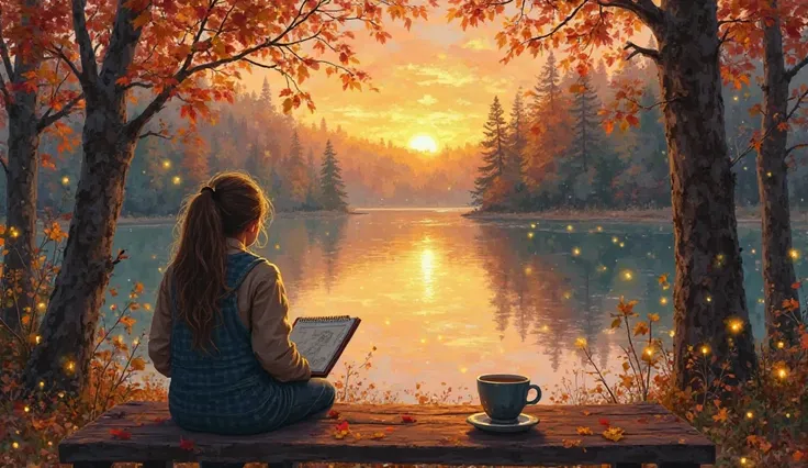 ceful forest scene during sunset, a person sitting by a lake with a sketchbook, warm autumn colors, fireflies glowing in the air, a cup of coffee on a wooden table, soft and relaxing vibe, impressionist painting style.