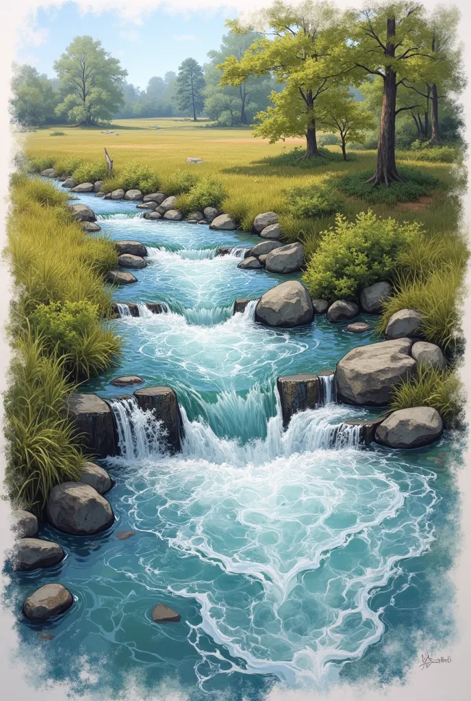 High quality, 8K Ultra HD, best quality, super detailed, Artist's sketch style, thick lines, Composition viewed from above, no people,Captured the movement of the Babbling brook,Torrent,River flow sketch,Transparency,clearly visiblewave,small splash, analo...