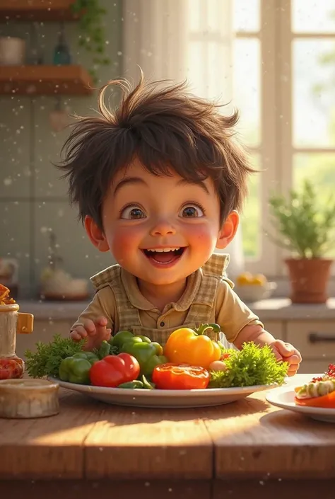 A boy eating vegetables 