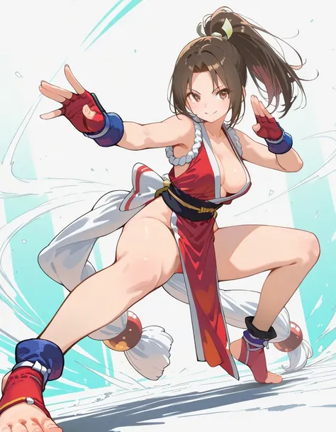 (dynamic angle:1.3,dunamic fighting stance pose:1.3),looking at viewer:1.3,solo,foot, barefoot, sole, maishirandg,Brown hair, brown eyes, high ponytail,pelvic curtain, japanese clothes, sleeveless, sash, no bra, obi, fingerless gloves, toeless footwear, ni...