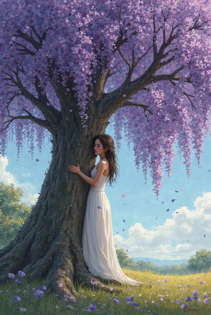 Woman hugging a jacaranda tree and saying goodbye
