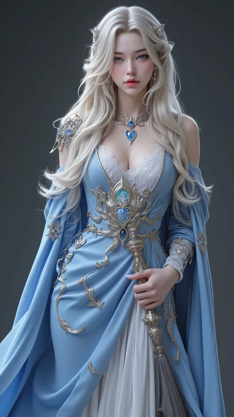 A beautiful holy woman , Long hair with blond hair , Design should be subtle , Mysterious blue skirt , cool expression。 Gorgeous full body , Wearing thick style , White lace long dress ,White Tulle Skirt。 Various shiny Gemstone Ornaments 。 Extremely Detai...