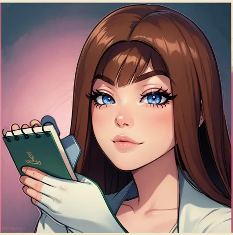 anime girl with long brown hair, digital art, digital anime illustration, piercing eyes, lineart, taking notes, writting in notebook
