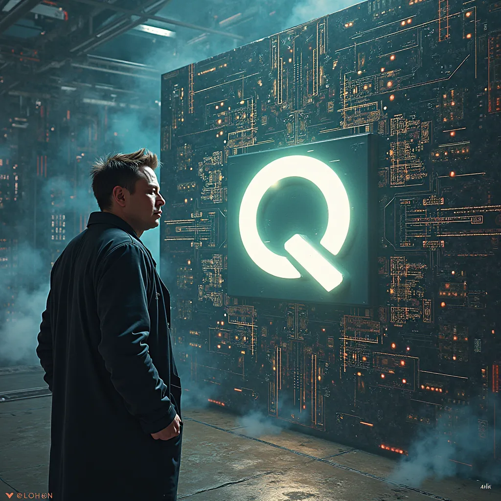 Elon Musk standing to the side of a circuit board with a Large Q and 4chan in the middle of it facing the camera 