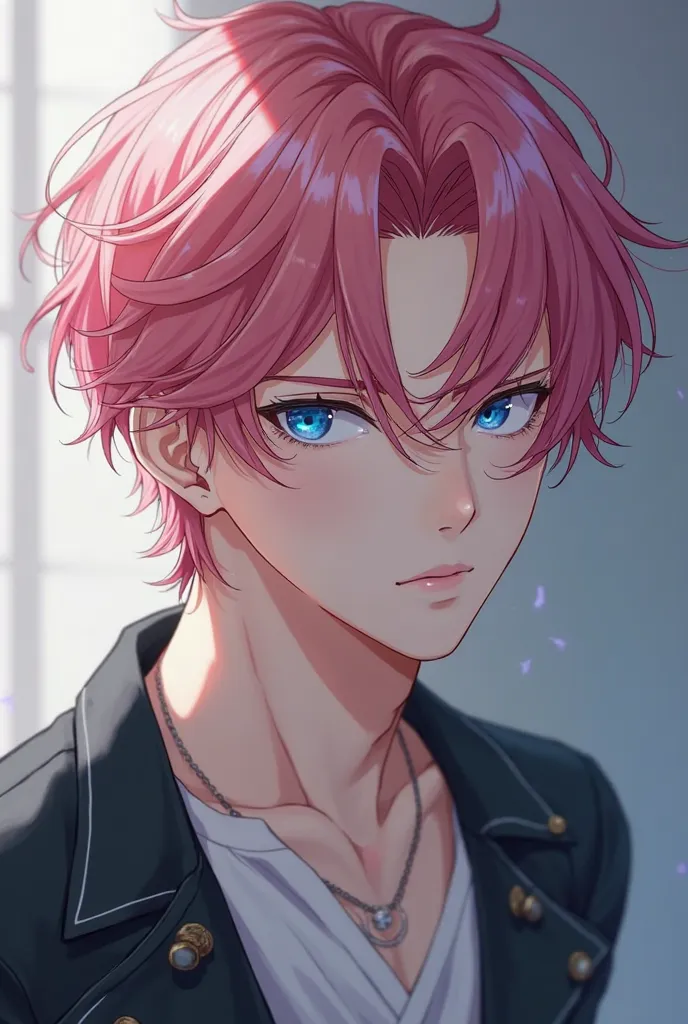 male anime,cool,pink hair,blue eye