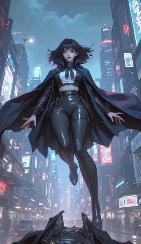 centered image,  general plan , a heroic landing of a super powerful girl, landing pose:1.5, heroic and powerful looking young girl, face with kind and determined features, the cape fluttering, landing softly with a dynamic pose, futuristic cityscape of sk...