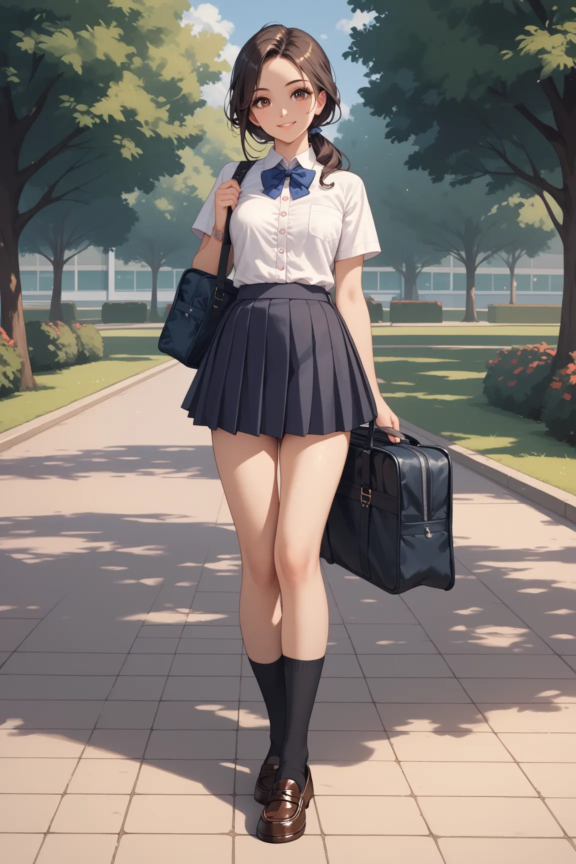 ((masterpiece, top quality, high resolution)), 1 girl, 18 years old, elegant smile:1.4, perfect cute face:1.4, beautiful eyes, black hair, low ponytail, dark brown eyes, (full body shot, standing, beautiful legs, legs together), ((white button shirt, short...