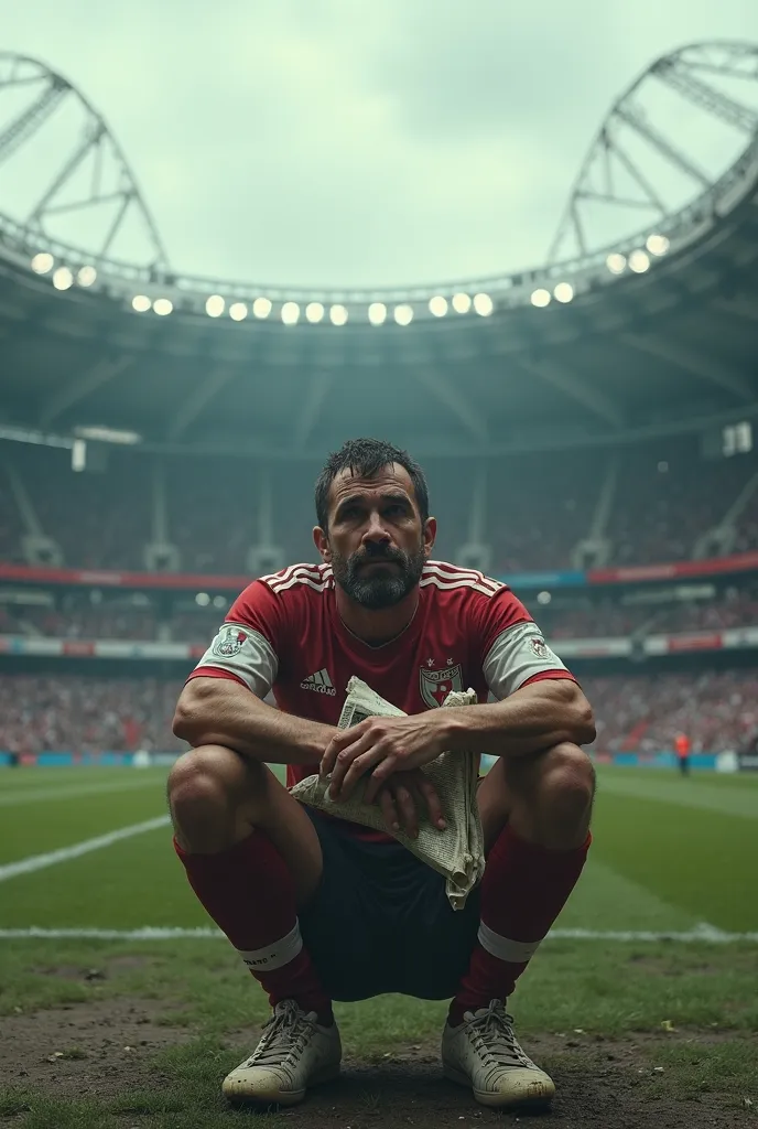 Sad poor ex footballer sitting In front of the stadium of his last team where played