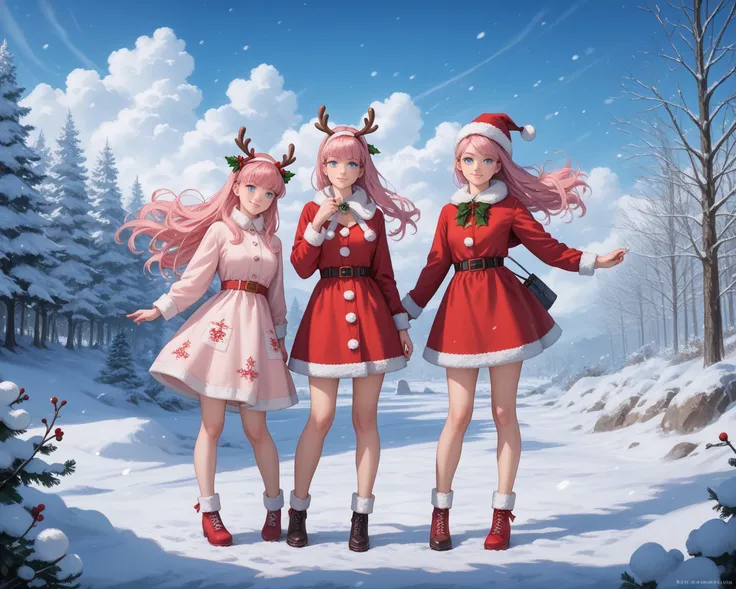 anime girls, 2girls, full body, standing, bare legs, light skin, pink long hair, sky blue eyes, santa costume