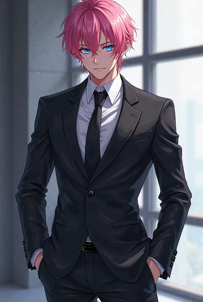 male anime,cool,pink hair,blue eye,full body,black suit