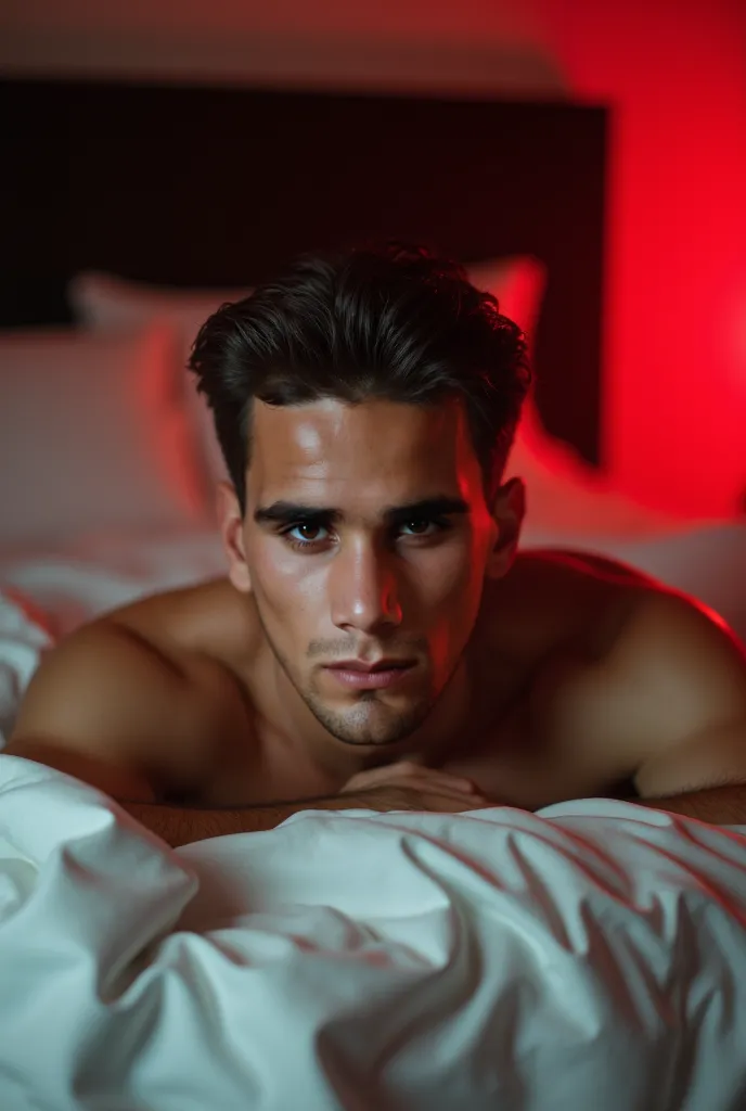 Close-up image: groomed man naked modern hair looking at the viewer in the background of a messy hotel room covered by a white sheet on the red filter lying down