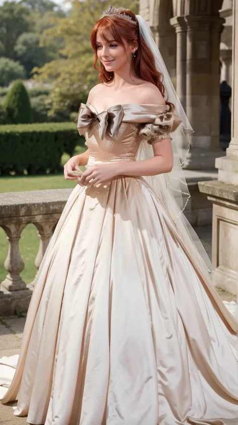 (full body shot editorial photo of 27 yo woman, red hair, slim French sweetheart), wearing a wedding dress, holding flowers, looking really happy, Blurred background in the grounds outside a church, high quality, good lighting, f1.2, Canon 85mm, perfect, d...