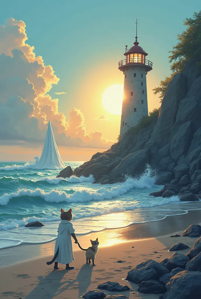 Title: "Shadows and Meows"
Gender: drama, Fantasy
TONE:  melancholic cartoon, bittersweet
SCENE 1 — THE CAT AND THE SEA
(Sunrise on a rocky and lonely beach. A Siamese cat with white fur and blue eyes, named Lyrien , walks along the shore, watching the wav...