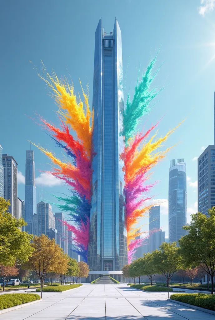 give me a bright picture, above is a sunny blue sky, below is a modern high-rise building , behind the building are drops of colorful paint shooting out, In front of the building is a clean courtyard.