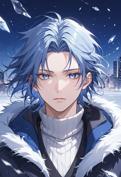  "Ultra-detailed hyper-realistic anime style, a young man with deep midnight blue hair that shimmers with subtle silver-blue highlights. His silky, layered hair falls naturally, with a few strands gently covering his forehead.

His large, striking eyes are...