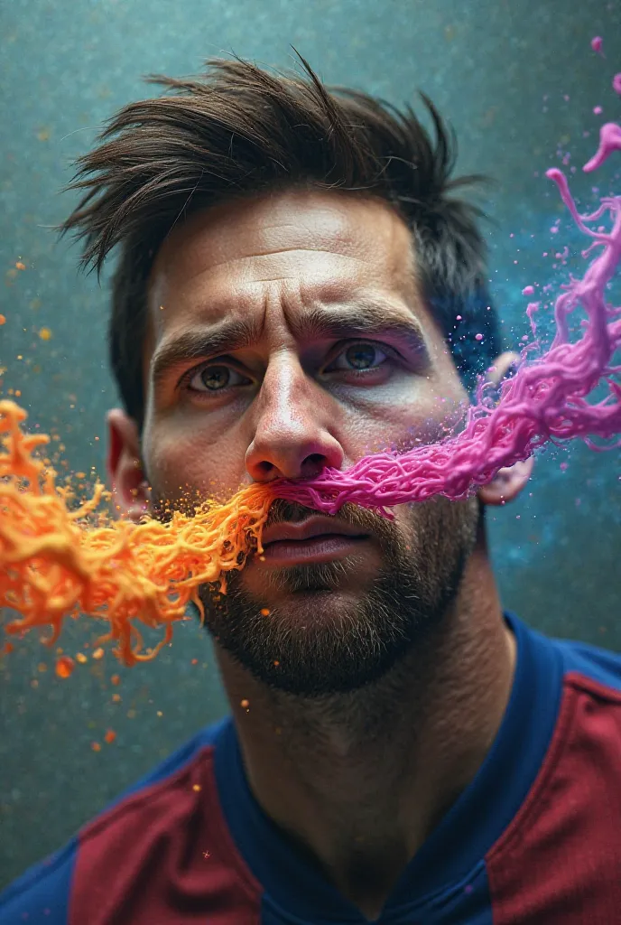 Messi blowing color down his nose 