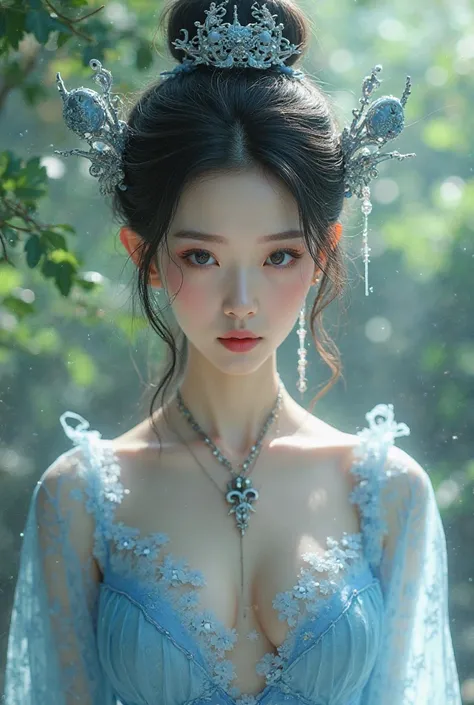 Sexy Beautiful Oriental Magic Beauty，Two Hollow Eyes Godless，Sexy beautiful oriental magic beauty wearing light blue outfit，Three Metal Fingers Inserted Into Her Hair，background is bright garden