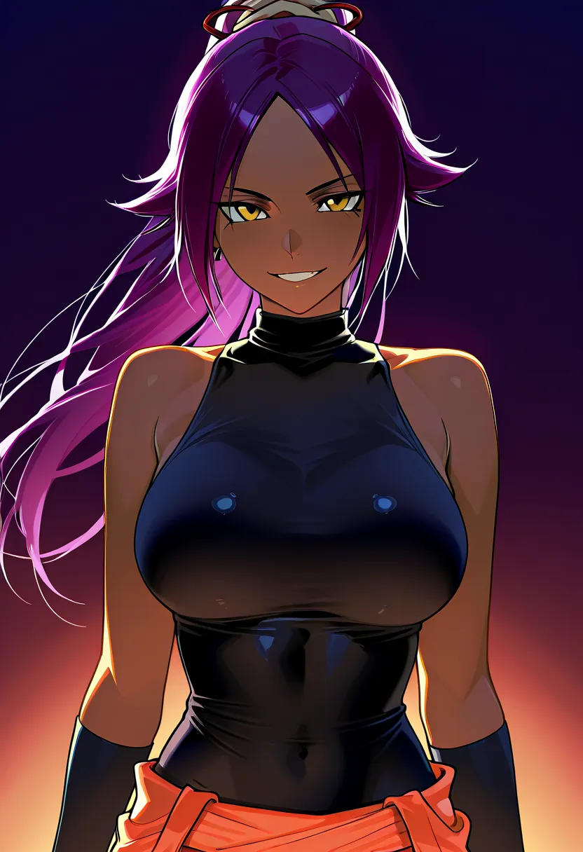 (Best quality, 8K, masterpiece), Best illustration, 1 girl, shihouin yoruichi, grin, 