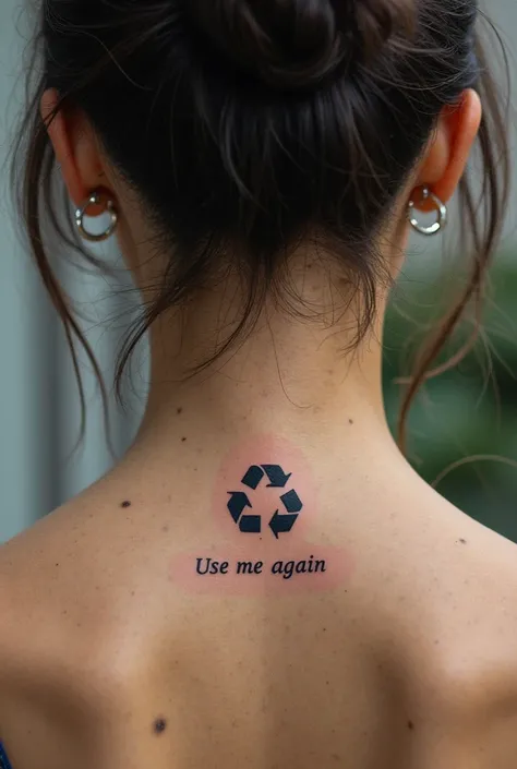 Generate a close-up, photorealistic graphic portrait from behind a young Asian woman, capturing the intricate details of a tattoo located at the center of the back of her neck. The composition should be tightly framed around the tattoo, with the recycling ...