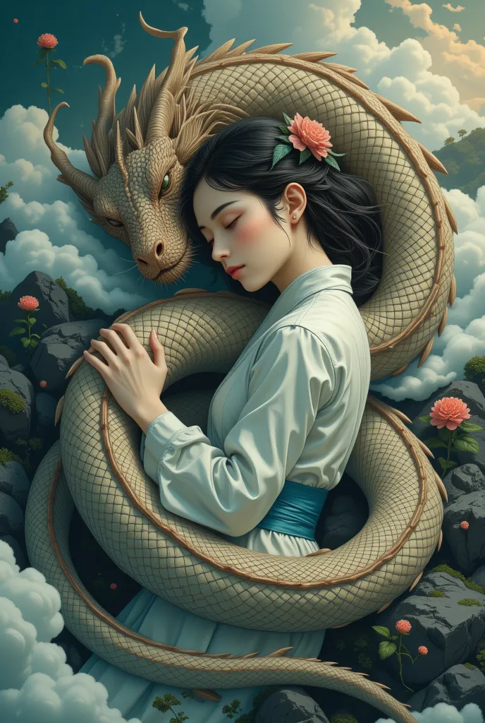 Painting of a sleeping woman with a dragon on her back, the dragon girl portrait, dragon girl, a beautiful artwork illustration, Loish e Ross Tran, Fantasia chinesa, belas fotos avatar, Art not Guweiz style, trending on artstration, estilo de arte de fanta...