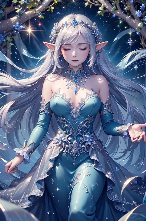 ((masterpiece)),((top quality)),(( high detail)), photorealistic,  elf woman in her 20s, Closed eyes, arms outstretched, upper body ups, Delicate decoration, in a see-through dress, Beautiful hair ornaments, Long silver hair, sparkling effect, pastel color...