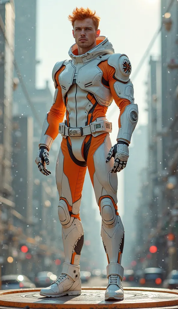 Full body photorealistic shots of handsome hunky slender  red hair Sunboy.. wearing a white and orange biomechanical futuristic suit. With gloves and belt and boots... standing on the iron circle.. futuristic City as background 