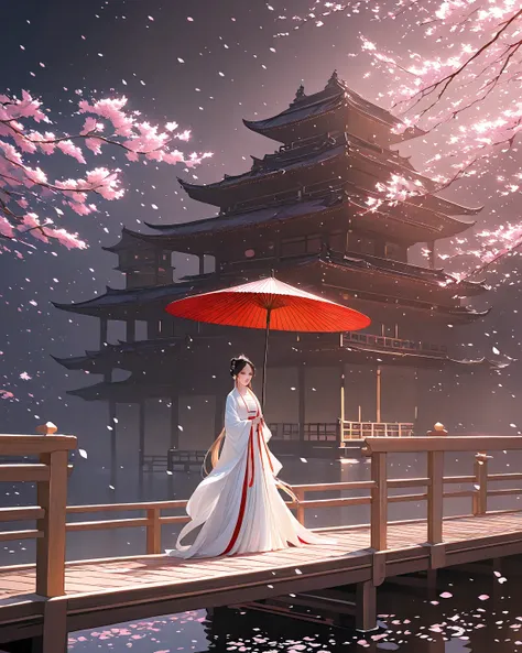 A traditional Chinese-style pavilion surrounded by a tranquil pond, with pink cherry blossoms in full bloom. A lone woman in elegant white hanfu, holding a red oil-paper umbrella, walks along a wooden bridge. The background features an ancient palace tower...