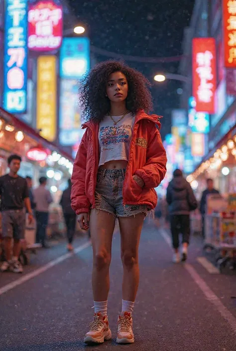 (full length picture) Night life at busy street of south Korea, a young beautiful black mixed race 22 years old girl dressed in girlish Y2K aesthetics with well spiced up girly trainer shoes 