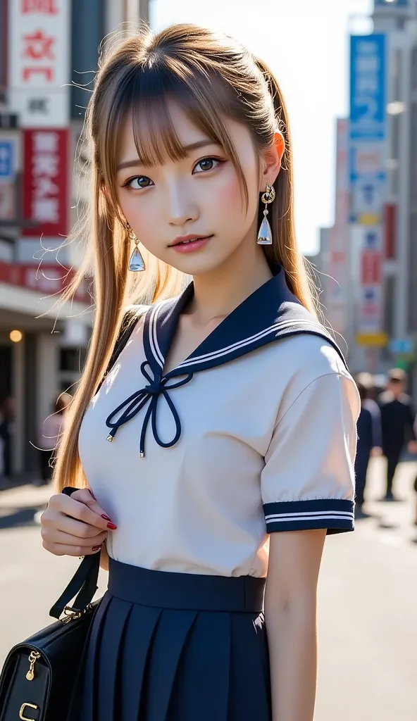 Hyper-realistic8K photo:
A Japanese high school girl stands confidently in front of Tower Records in Shinjuku, her pose radiating youthful energy and self-assurance. She wears a traditional high school uniform with a modern twist: a crisp white blouse with...