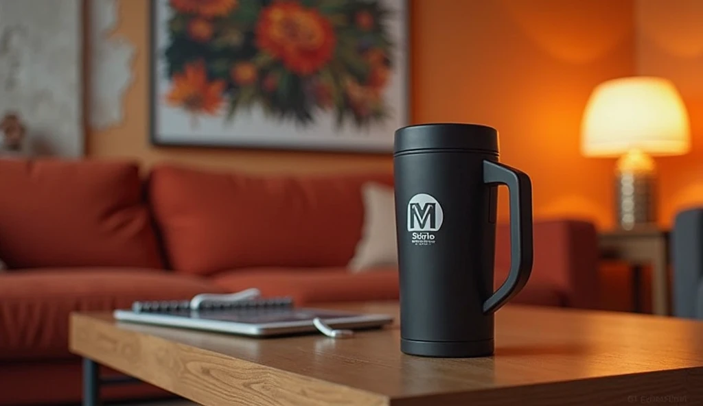 Create a very modern room, logo with a thermo cup with a matte black handle on the coffee table, Does the thermo cup have the MMT logo, the room with a picture in the background with the MMT Store logo, The image has orange colors,  red, Arco e Preto