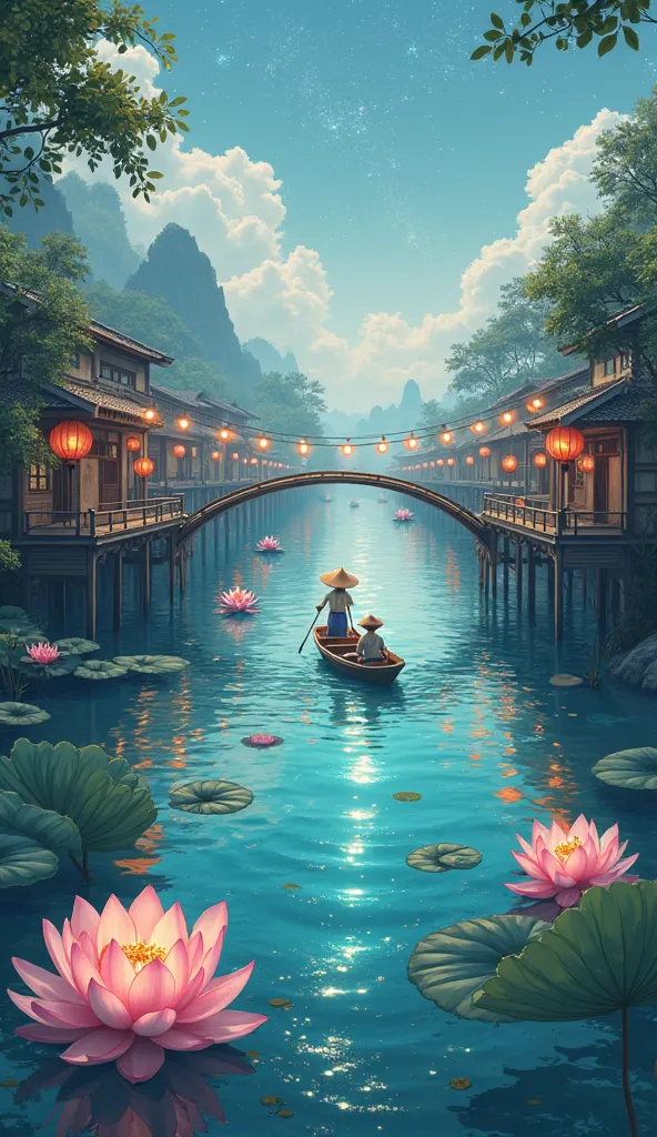 "Above the surface of a clear blue lake, Small houses stand on wooden stilts, connected by a suspension bridge decorated with paper lanterns. Small boats glide slowly over the water, while fishermen smile kindly from under their straw hats. Giant lotus blo...