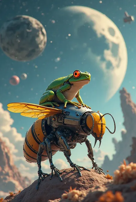 Robot Bee and frog in the outer space with rocket, space craft and moon in the background 