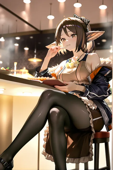 1female,(( upscale restaurants ))。open jacket, waist apron, perfumer, bare arms, bare shoulder, waist apron perfumer sp, pencil skirt, black pantyhose,, brown dress,((perfumer)),((perfumer_\(arknights\))), perfumer_\(arknights\)。, eating at a restaurant。crossed legs,Black long skirt。小さなおっぱい。 dynamicangle。I have a book。,Photorealistic Background, best quality, amazing quality, very aesthetic,Beautiful morning light , (masterpiece, best quality, hires:1.1),(detailed background),(Hard Light, Cinematic , , ambient occlussion:1.1), (illustration:1.1), (perfect details:1.1), (8 K, wallpaper,masterpiece,a high resolution,top-quality,top-quality real texture skin, hyperrealistic , increase resolution,RаW photos,,very detailed,wallpaper,Cinematic lighting,Ray tracing,Golden ratio\),。