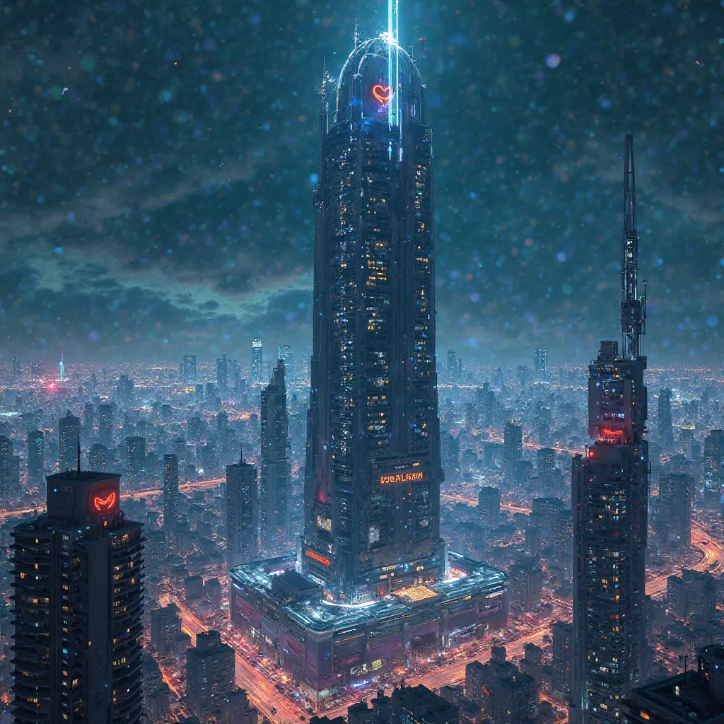 Large tall sci-fi skyscraper. Sci-fi skyline. Sci-fi hospital. Small stylized red and white pill logo on entrance. Blade Runner. Comic style. Batman Beyond. Digital art. In a sci-fi city at night.