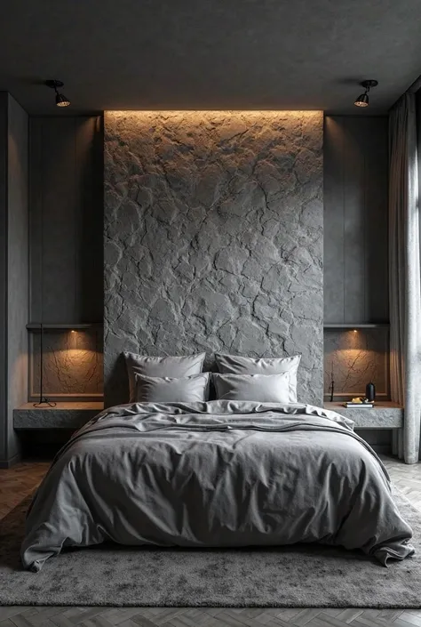 A dark gray bedroom with a stone headboard, an imitation wall facing stone and two niches as a bedside table