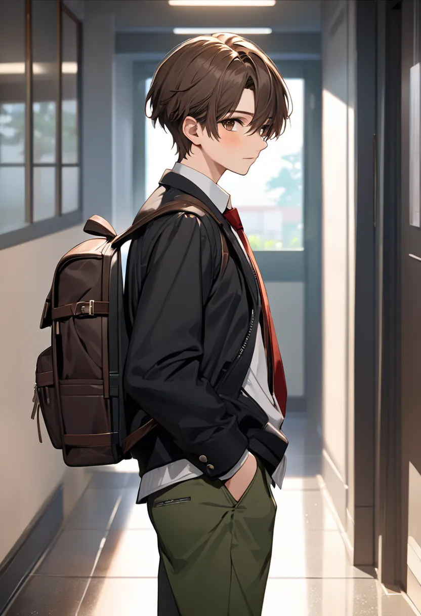 ((masterpiece,  best quality, high resolution, UHD,  perfect pixels , Depth of field, 4k, RTX, hdr))), A 17-year-old boy , alone,  half body,  art style,  anime character , ((serene look, short hair on the sides,  dark brown, separated from the hair to the...