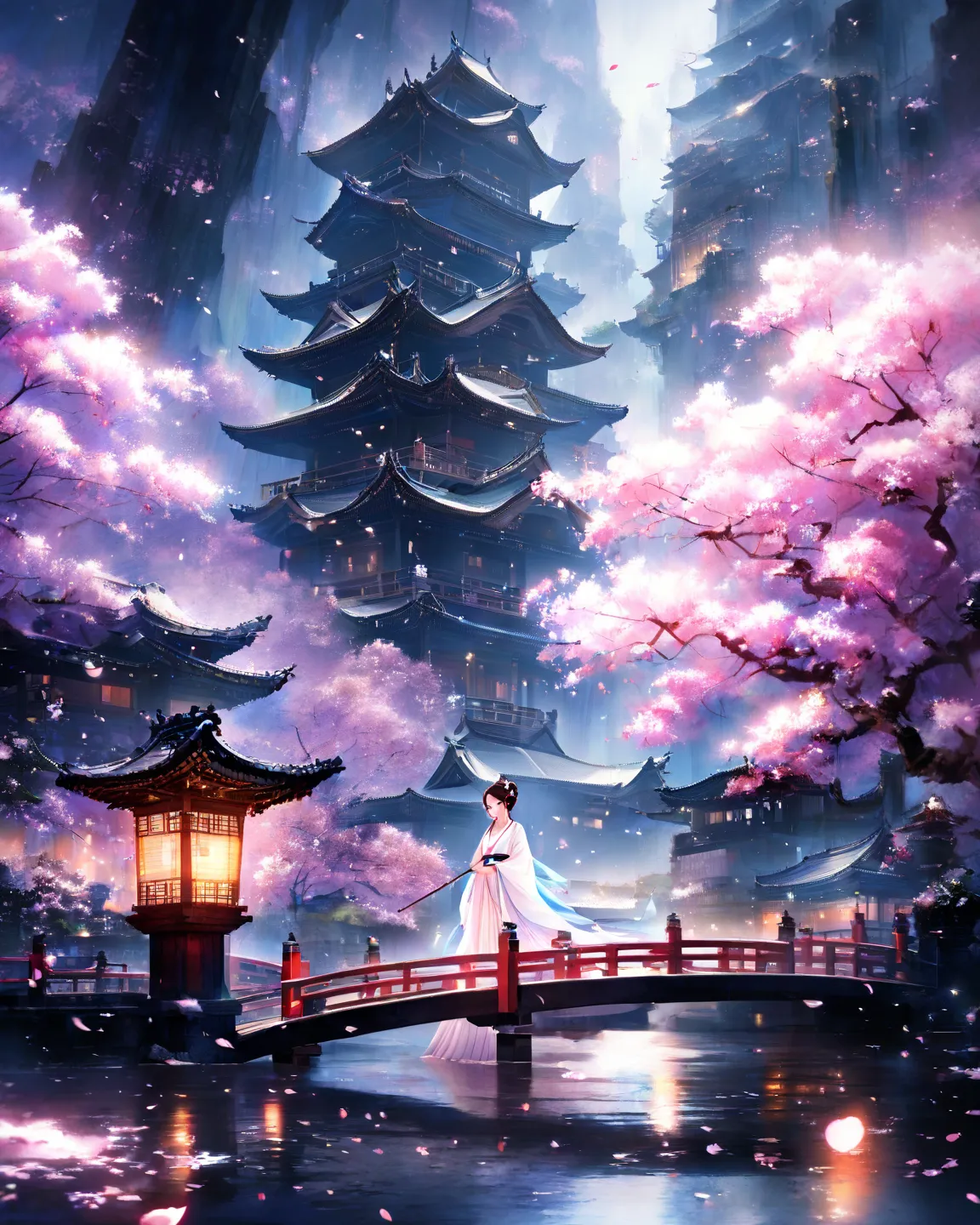 Prompt:
"A traditional Chinese-style pavilion surrounded by a tranquil pond, with pink cherry blossoms in full bloom. A lone woman in elegant white hanfu, holding a red oil-paper umbrella, walks along a wooden bridge. The background features an ancient pal...