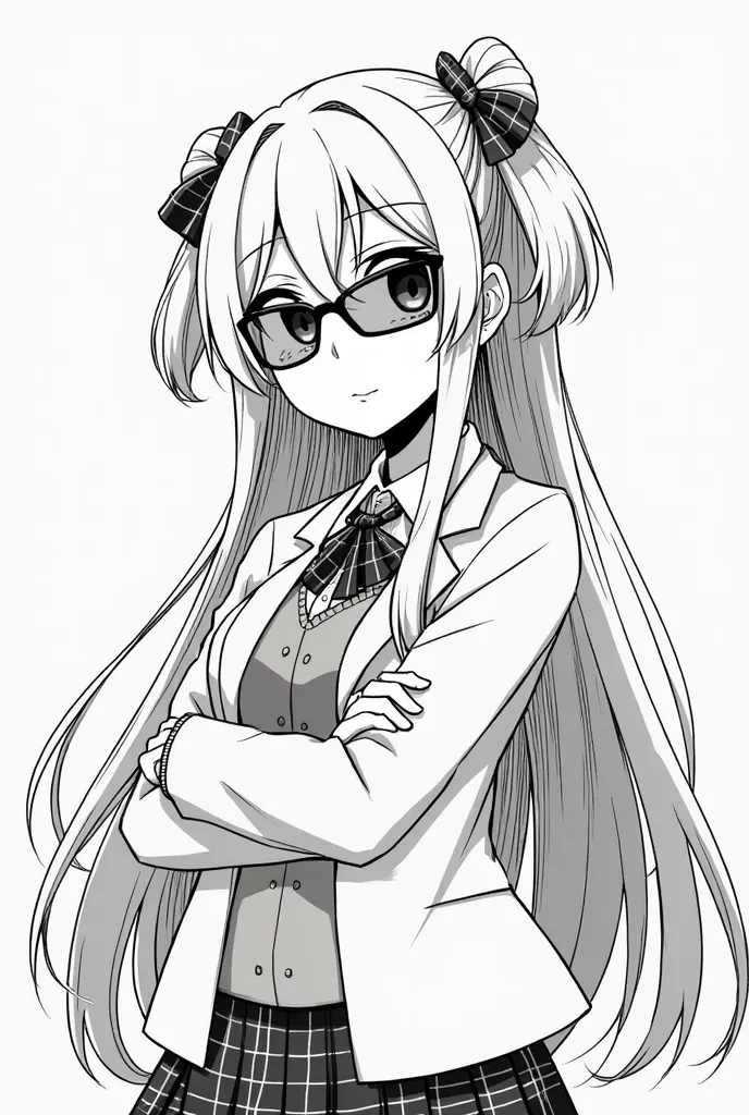 . The anime-style color scheme is black and white, like a manga cartoon.Long hair 1girl,  glasses, I gathered, Double Bun ,  alone, monochrome, greyscale,  Count Curve, opaque  glasses, shirt, smile Count Curvetie, hair ribbon, ribbon,  Jacket , collared s...