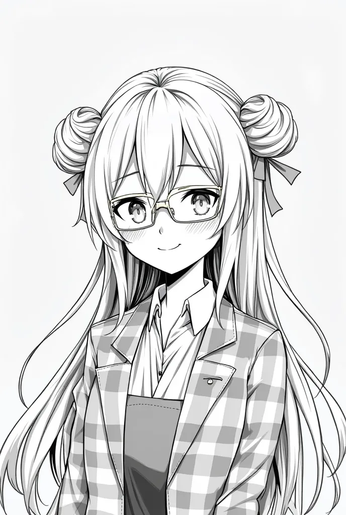 . The anime-style color scheme is black and white, like a manga cartoon.Long hair 1girl,  glasses, I gathered, Double Bun ,  alone, monochrome, greyscale,  Count Curve, opaque  glasses, shirt, smile Count Curvetie, hair ribbon, ribbon,  Jacket , collared s...